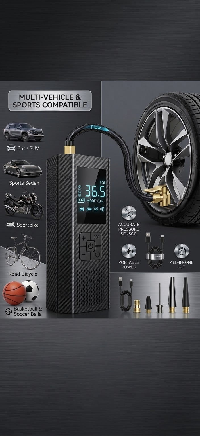 Wireless Digital Display Air Pump for Cars, Bicycles, Motorcycles, Balls, and Swim Rings - Max Pressure 150psi, Triple Inflation Speed