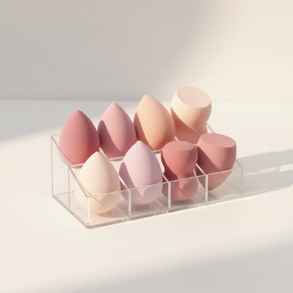 Pink and blush makeup sponge blenders in a clear acrylic display