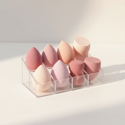 Pink and blush makeup sponge blenders in a clear acrylic display