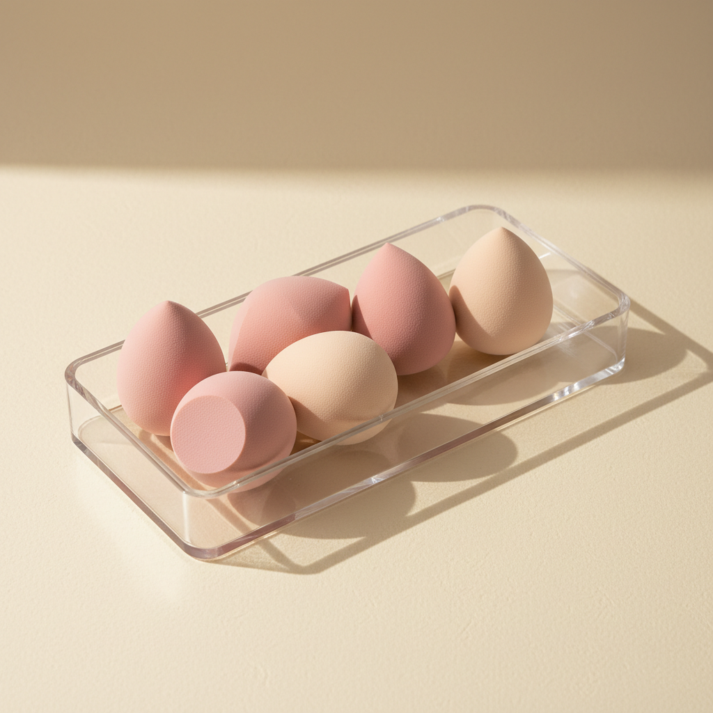 Blush pink makeup sponge blenders in acrylic tray on cream background