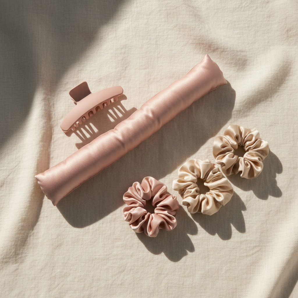 Heatless curl ribbon set flat lay on cream linen background